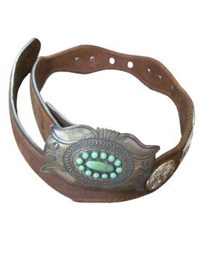 3-D Belt Company Brown Leather Sterling Buckle Turquoise Stones - Size 32